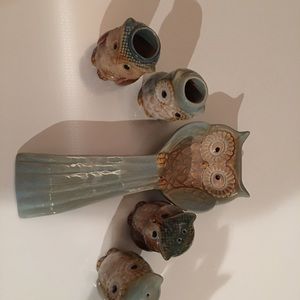 Vintage 5piece owl salt and pepper set. Brown/blue